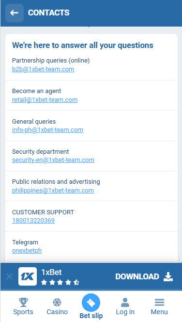 1xbet Philippines Contact